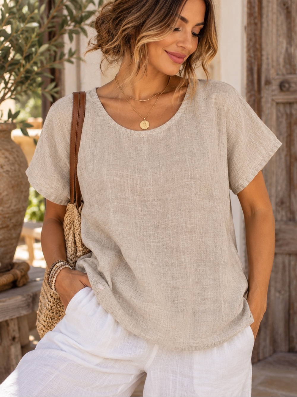 FLAX 100% Linen Natural Beige Short Sleeve Top Size Small